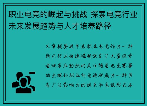职业电竞的崛起与挑战 探索电竞行业未来发展趋势与人才培养路径