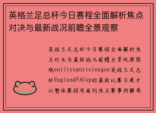 英格兰足总杯今日赛程全面解析焦点对决与最新战况前瞻全景观察